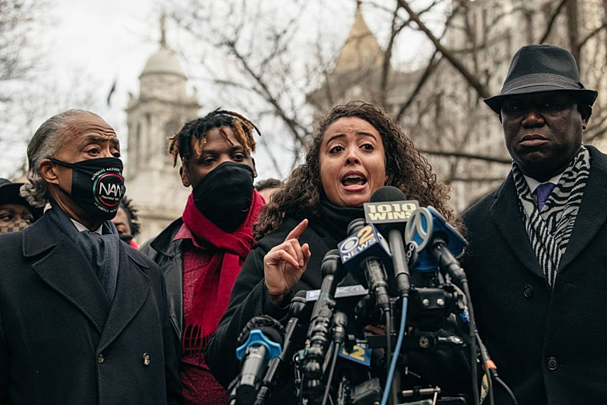 NEW YORK, NY - DECEMBER 30: Kat Harrold speaks at a press conference held in lower Manhattan on December 30, 2020 in New York City. After Harrold's husband Keyon shared video footage of a white woman assaulting their son and wrongfully accusing the boy of stealing her phone in a Manhattan hotel lobby, civil rights leaders have called for an end to persistent racial profiling and injustice. (Photo by Scott Heins/Getty Images)