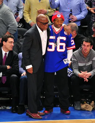 Courtside - L.A. Reid and Spike Lee excitedly cheer on the New York Knicks as they take on the Chicago Bulls at Madison Square Garden in New York City. (Photo: James Devaney/WireImage)