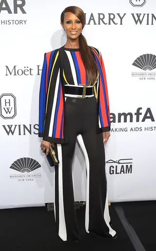 Iman - We love how the vertical stripes on this caped pantsuit elongate the supermodel’s fit frame. #GrownandSexy(Photo: Michael Loccisano/Getty Images)