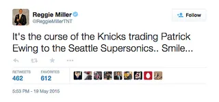 Reggie Miller @ReggieMillerTNT - Of course the&nbsp;Knick killer Reggie Miller is going to relish in the Knicks' latest misfortune.(Photo: Reggie Miller via Twitter)