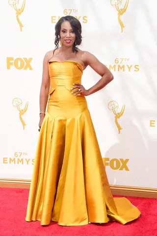 June Ambrose - The celebrity stylist looks like a ray of sunshine in a Bibhu Mohapatra gown with matching statement earrings.&nbsp;  (Photo: Frazer Harrison/Getty Images)