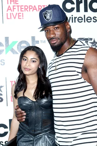 Brit Brat Keeps Surprising Us - Actress Katlynn Simone (L) and American football linebacker Sio Moore make a cameo. (Photo: Leon Bennett/BET/Getty Images for BET)