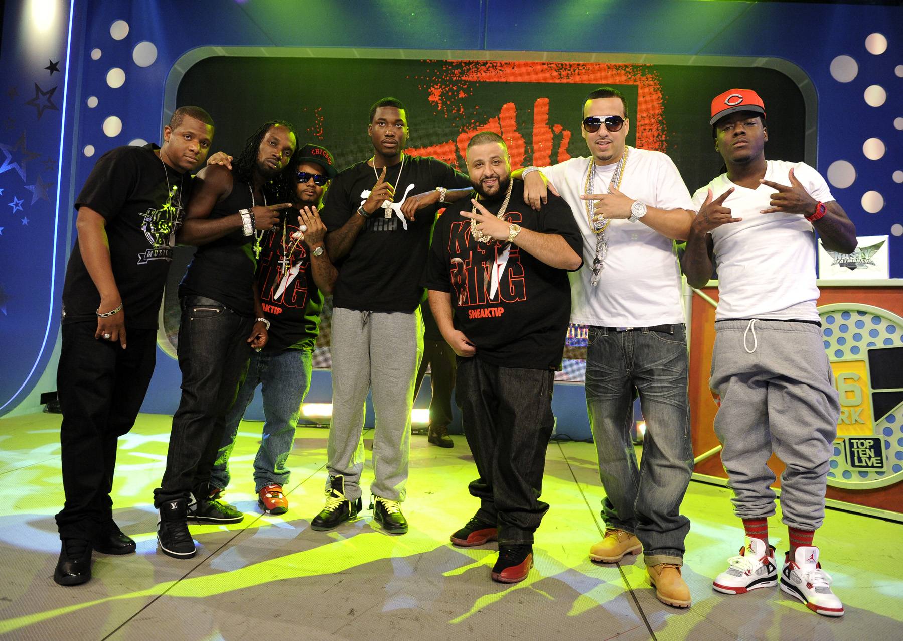 Loving the Crew - DJ Khaled and crew: Mavado, French Montana, Meek Mill at 106 &amp; Park, August 20, 2012. (Photo: John Ricard / BET)