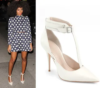 Solange Knowles - This isn’t the first time we’ve spied Solange rocking these dainty pointy-toe shoes from Elizabeth and James. Here she pairs her beloved T-strap pumps with a retro polka-dot suit from Moschino’s pre-fall collection for an appearance on The Late Show With David Letterman.  (Photos from left: PacificCoastNews.com, Saks Fifth Avenue)