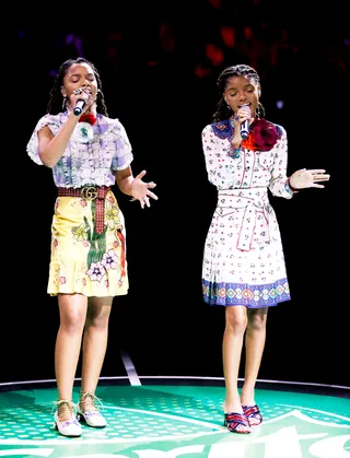 Chloe x Halle Are the Cutest&nbsp; - Singers Chloe Bailey and Halle Bailey of Chloe x Halle perform the national anthem during the celebrity basketball game presented by Sprite.(Photo: Rich Polk/BET/Getty Images for BET)&nbsp;