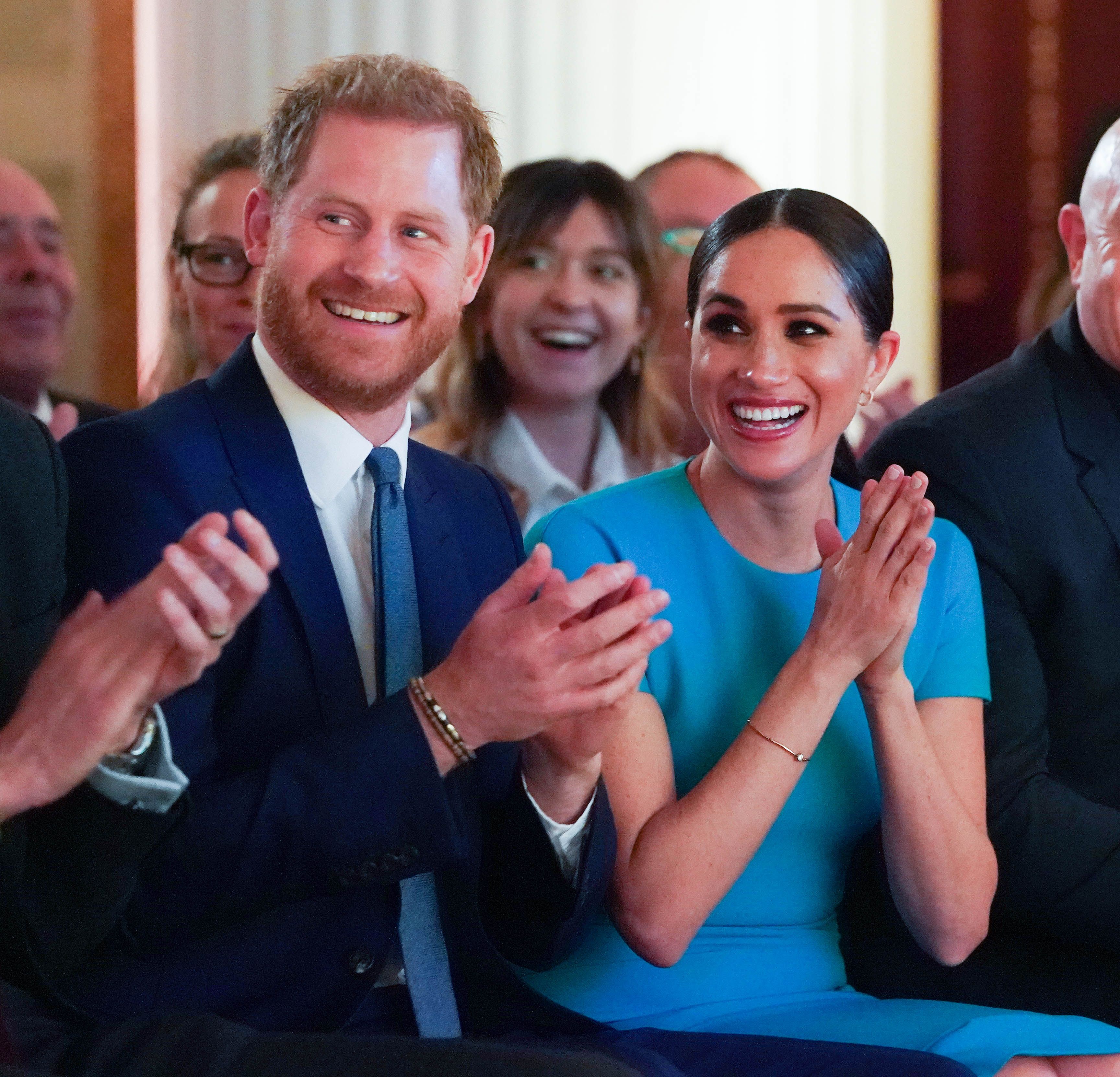 LONDON, ENGLAND - MARCH 05: Prince Harry, Duke of Sussex and Meghan, Duchess of Sussex cheer attend the annual Endeavour Fund Awards at Mansion House on March 5, 2020 in London, England. Their Royal Highnesses will celebrate the achievements of wounded, injured and sick servicemen and women who have taken part in remarkable sporting and adventure challenges over the last year. (Photo by Paul Edwards - WPA Pool/Getty Images)