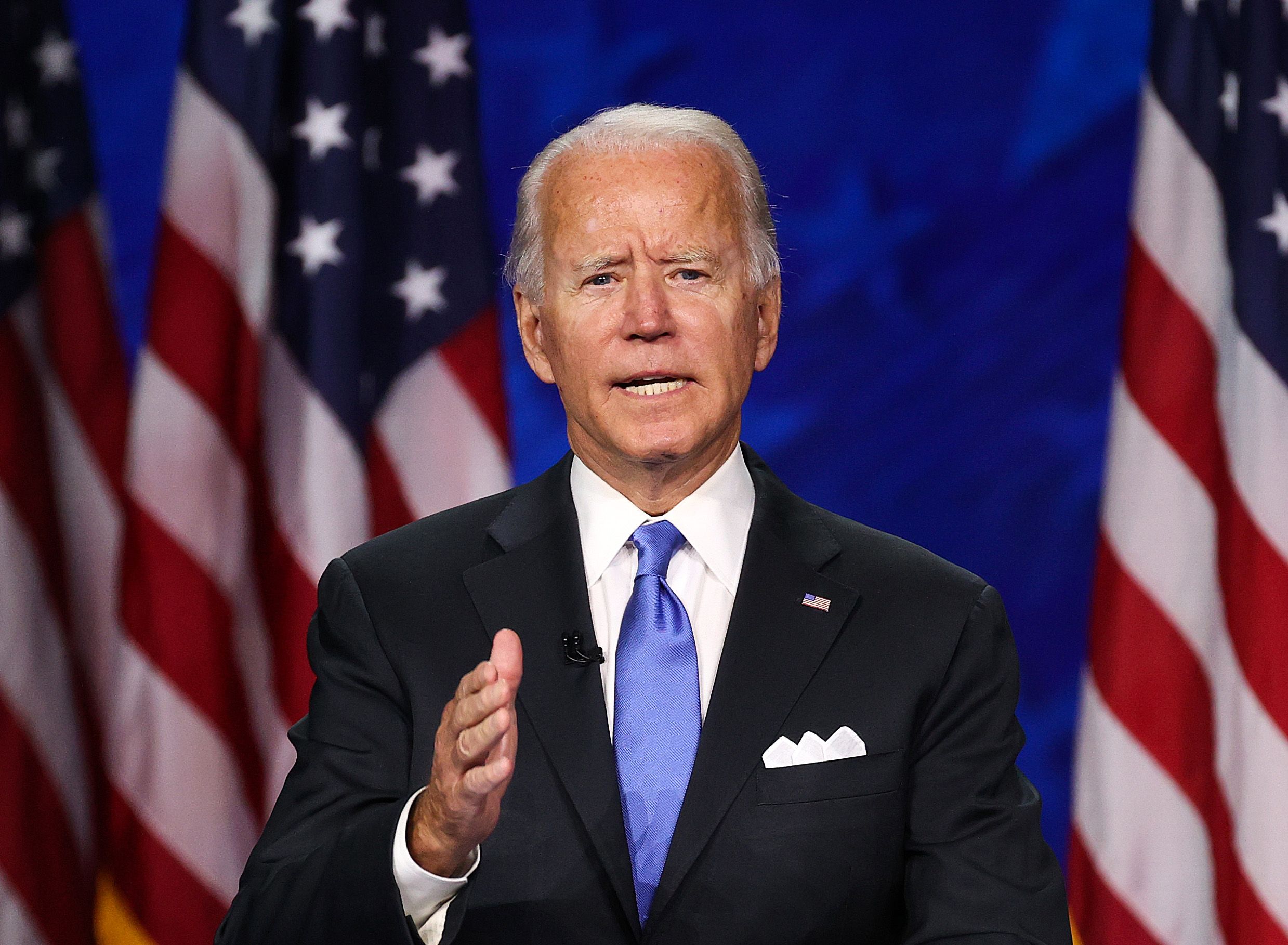 WILMINGTON, DELAWARE - AUGUST 20: Democratic presidential nominee Joe Biden speaks on the fourth night of the Democratic National Convention from the Chase Center on August 20, 2020 in Wilmington, Delaware. The convention, which was once expected to draw 50,000 people to Milwaukee, Wisconsin, is now taking place virtually due to the coronavirus pandemic.   (Photo by Win McNamee/Getty Images)