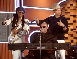 Wonderland - One of the most memorable performances of the night came when R&amp;B legend&nbsp;Stevie Wonder joined Pharrell and Daft Punk for a remix of their infectious dance hit "Get Lucky."&nbsp; (Photo: Kevork Djansezian/Getty Images)
