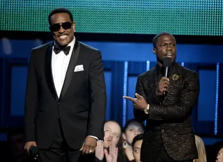 Class Act - The About Last Night star Kevin Hart joined R&amp;B legend Charlie Wilson to present the Best Rock Song to Paul McCartney and the remaining members of Nirvana.   (Photo: Kevork Djansezian/Getty Images)