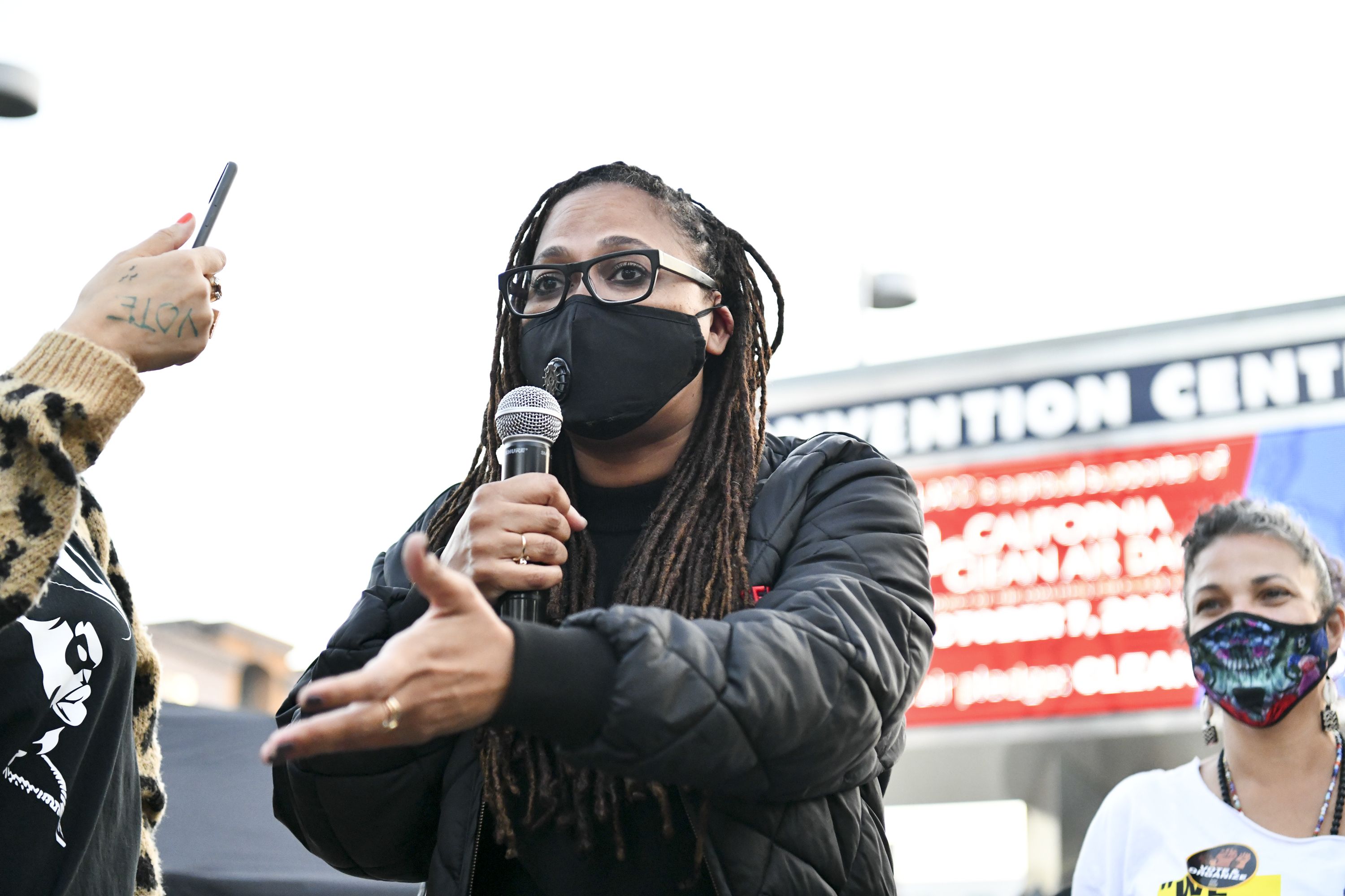 LOS ANGELES, CALIFORNIA - NOVEMBER 03: Filmmaker Ava DuVernay speaks at Black Lives Matter Los Angeles Hosts Election Day Marathon Party At The Polls at Staples Center on November 03, 2020 in Los Angeles, California. (Photo by Rodin Eckenroth/Getty Images)