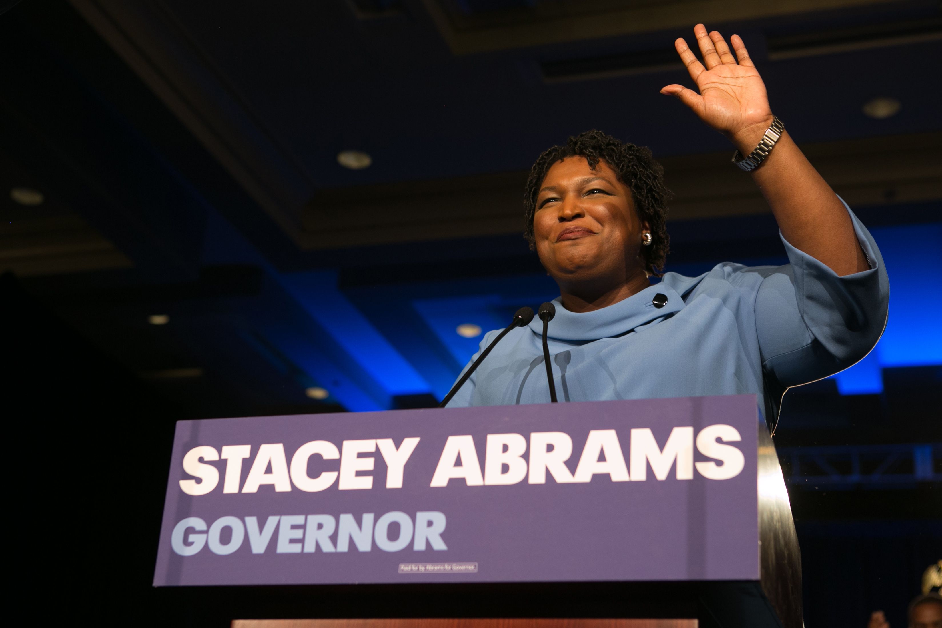 ATLANTA, GA - NOVEMBER 06:  Democratic Gubernatorial candidate Stacey Abrams addresses supporters at an election watch party on November 6, 2018 in Atlanta, Georgia.  Abrams and her opponent, Republican Brian Kemp, are in a tight race that is too close to call.  A runoff for Georgia's governor is likely.  (Photo by Jessica McGowan/Getty Images)