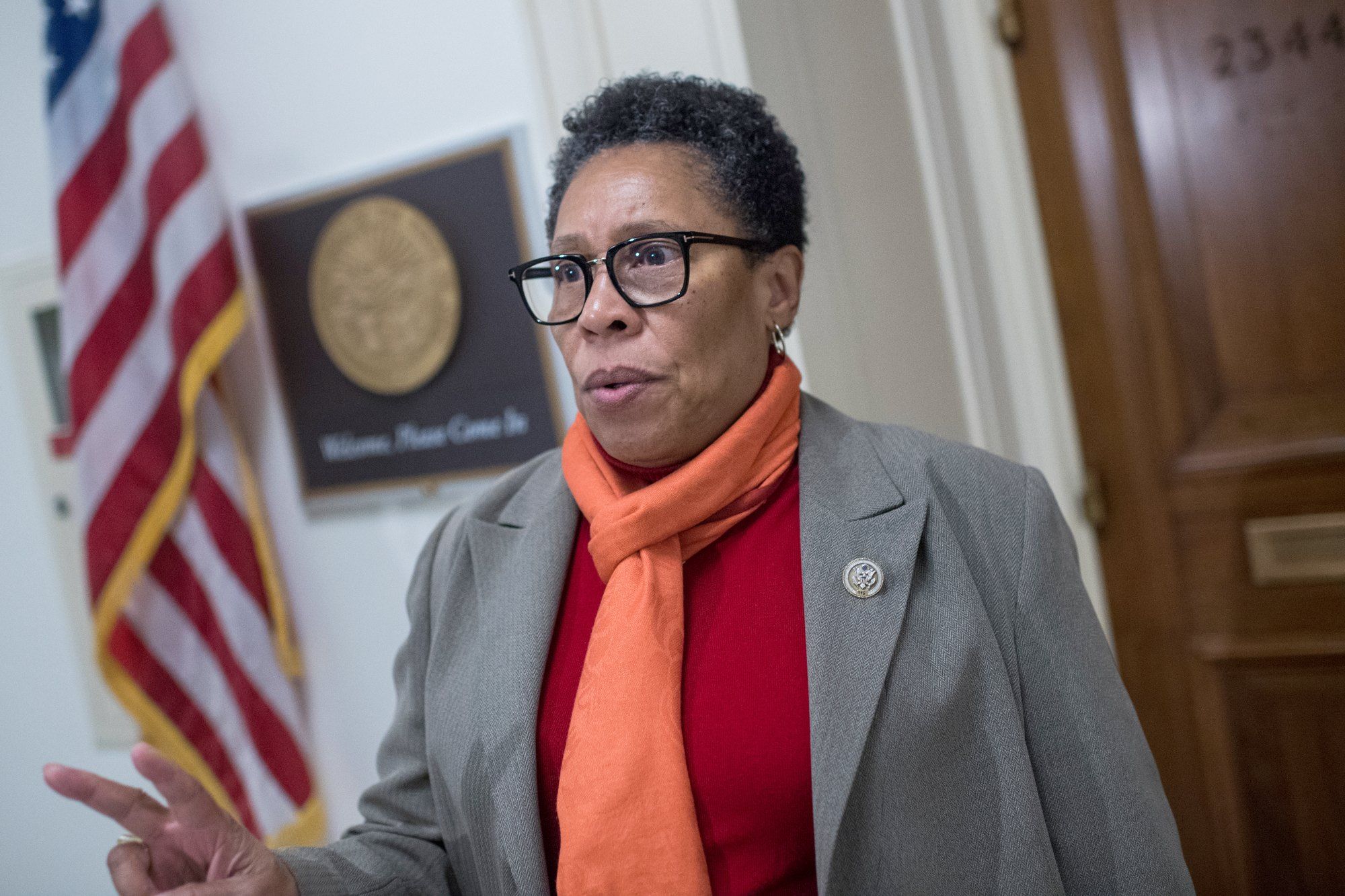 UNITED STATES - NOVEMBER 16: Rep. Marcia Fudge, D-Ohio, talks with reporter outside her Rayburn Building office about her possible run for House speaker on November 16, 2018. (Photo By Tom Williams/CQ Roll Call)