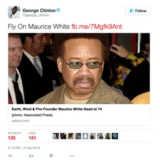 George Clinton - The funk legend says goodbye to one of his peers.(Photo: AP Photo/Matt Sayles, File via George Clinton Twitter)