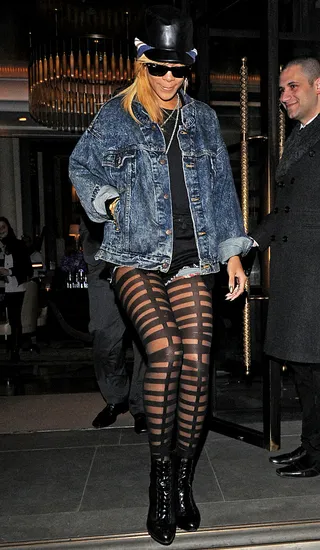 Haute Hosiery - Leave it to Rihanna to show us that you can be sexy right on down to your stockings! Fishnets are passé. The new variety of racy underlings boast stripes and are even fashioned to look like lingerie.  (Photo: PacificCoastNews.com)