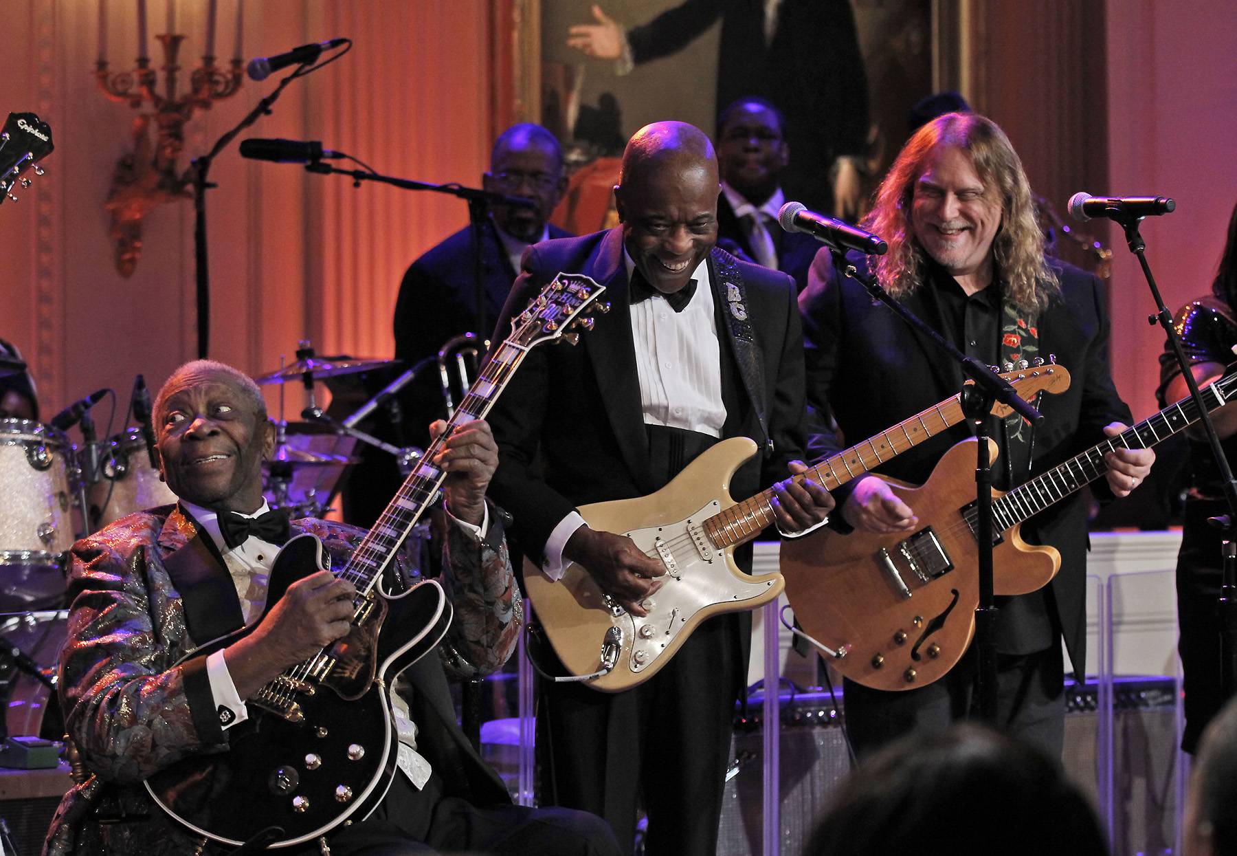 Red, White and Blues  - On Feb. 21,&nbsp;President Barack Obama&nbsp;and&nbsp;First Lady Michelle Obama&nbsp;opened their famous home up to some of the biggest names in music for a concert paying homage to blues music, “In Performance at the White House: Red, White and Blues,” in recognition of Black History Month. The showcase marked the eighth installment in the “In Performance at the White House” series, which the the Obamas launched in 2009.&nbsp;Past events have honored the influential careers of Stevie Wonder and Sir Paul McCartney and have celebrated Black History Month with events featuring music from the Civil Rights Movement and Motown. Click on to see the legends who took the stage at the event, which was hosted by&nbsp;Taraji P. Henson, with noted bandleader Booker T. Jones serving as music director. The show will air nationally on PBS on Monday, Feb. 27 at 9 p.m. ET.—Britt Middleton&nbsp;B.B. King unleashes his iconic style on stage.&nbsp;(Photo: AP Photo/Pablo Martinez Monsivais)