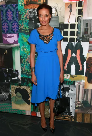 True Blue - Selita took center stage front row at Tracy Reese's runway show in a feminine azure dress with an embellished neckline by the designer.  (Photo: Astrid Stawiarz/Getty Images)
