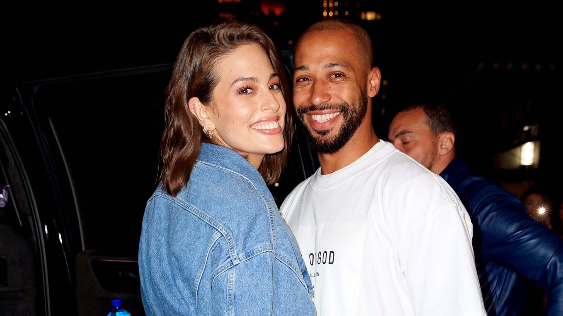 Ashley Graham and Justin Ervin arrive at Gigi Hadid's birthday party at Chalet on April 22, 2019 in New York City. 