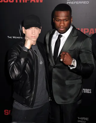 One-Two Punch - Eminem and 50 Cent put up their dukes on the red carpet of the New York premiere of Southpaw at the AMC Loews Lincoln Square.(Photo: Carmen Valdes/Photo Image Press/Splash News)