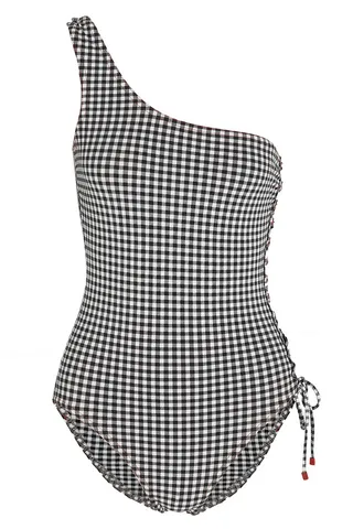 Karla Colletto One-Shoulder Gingham Swimsuit - Take a page from the past with this retro one-shoulder piece. You’ll feel glamorous and secure thanks to the full-coverage fit. (Photo: KARLA COLLETTO)