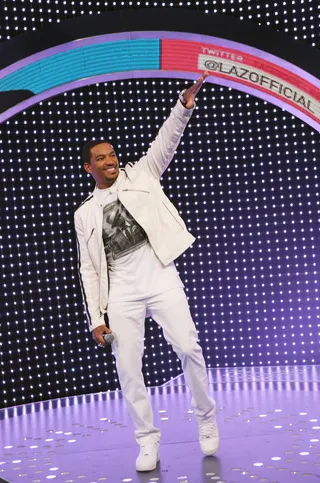 Wave to the Crowd - Actor Laz Alonso gives a huge wave to the livest audience while on set of 106.&nbsp;(Photo: Bennett Raglin/BET/Getty Images for BET)