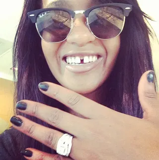 Bobbi Kristina Brown - Bobbi Kristina is clearly proud of the enormous rock Nick Gordon gifted her in July 2013. The couple never legally married, but Gordon has expressed his committment to her throughout her troubling health scare. The sparkler appears to be a princess-cut diamond with smaller diamonds surrounding the perimeter. Two blinged-out wedding bands anchor the look.   (Photo: Instagram via Bobbi Kristina)