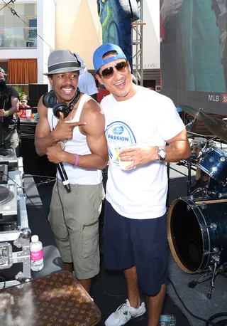 Soccer Pals - Nick Cannon&nbsp;and actor/TV personality Mario Lopez attend the FIFA World Cup Finals Bud Light and Budweiser VIP Party at the Palms Casino Resort in Las Vegas. (Photo: Gabe Ginsberg/Getty Images for Bud Light and Budweiser)