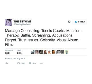 What's the album about? - Marriage counseling?! We're in for a doozy. The Beyhive should really become a government agency.(Photo: The Bey Hive Team via Twitter)