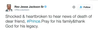 Rev Jesse Jackson Sr. - The activist and religious leader sent prayers to Prince and his family.(Photo: Rev. Jesse Jackson Sr via Twitter)