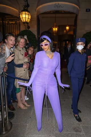 Paris Fashion Week-&nbsp;Ritz Hotel - Cardi B&nbsp;recently showed off her post-pregnancy curves in this stylish Richard Quinn ensemble. The fashionable moment was captured outside the Ritz Hotel shortly after the “Money” rapper attended the Messika Paris show during Paris Fashion Week.&nbsp; (Photo by Pierre Suu/GC Images)