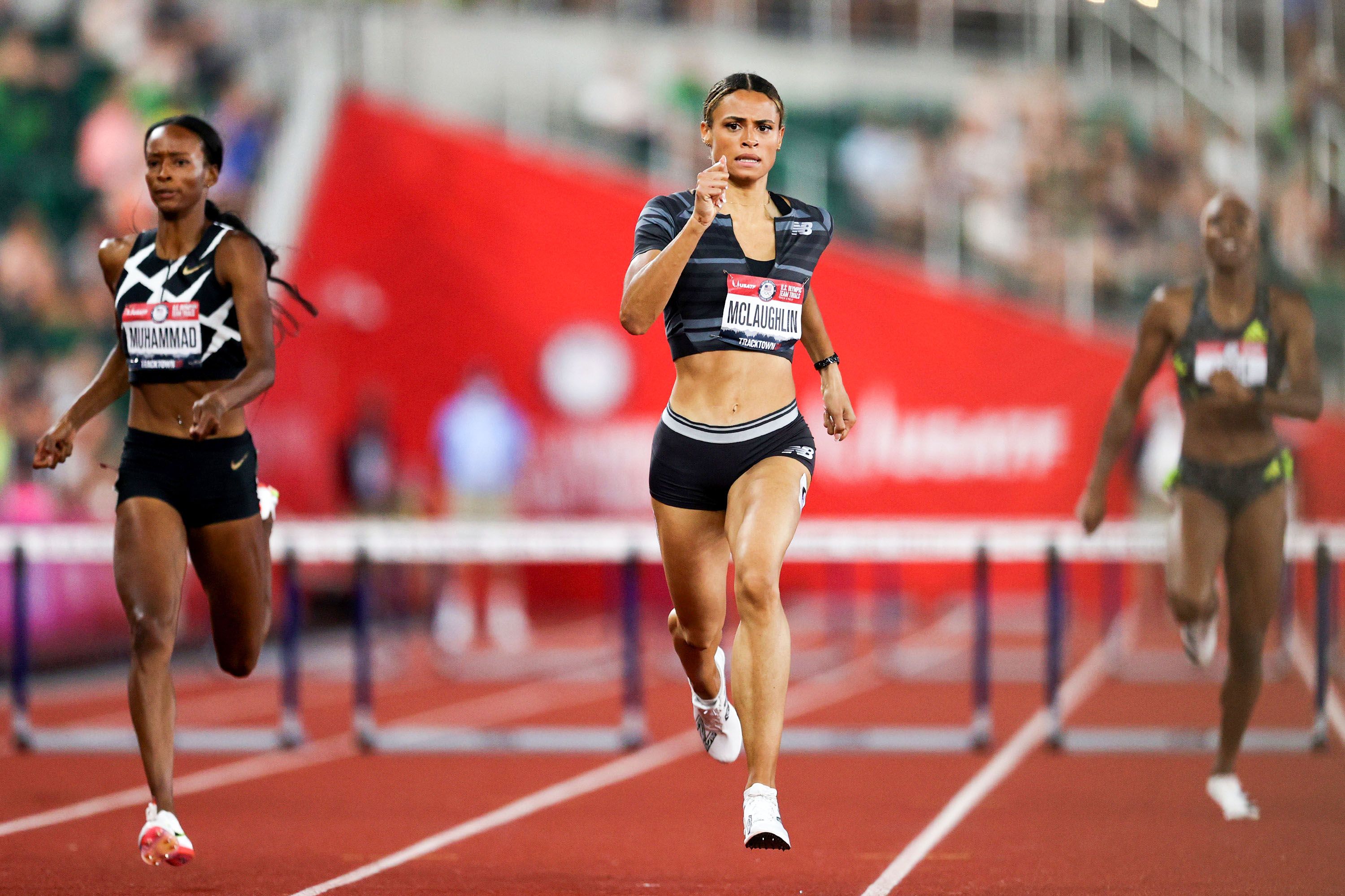 EUGENE, OREGON - JUNE 27: Sydney McLaughlin competes in the Women's 400 Meters Hurdles during day ten of the 2020 U.S. Olympic Track & Field Team Trials at Hayward Field on June 27, 2021 in Eugene, Oregon. (Photo by Patrick Smith/Getty Images)