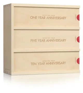 Classic Trio Anniversary Wine Box - Gifting the couple with a bottle of wine? Boring. Gifting the couple with an anniversary wine box? Thoughtful. The bride and groom will think of you fondly for years to come.  (Photo: Wine for a Wedding)