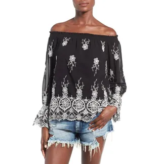 Wayf Embroidered Off-the-Shoulder Top ($64) - Go full on bohemian with this romantic black-and-white look.(Photo: Wayf)