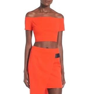 Missguided 'Bardot' Off-the-Shoulder Crop Top ($37) - Make a bold statement in this bright orange short-sleeved crop top with a zippered back.(Photo: MISSGUIDED)