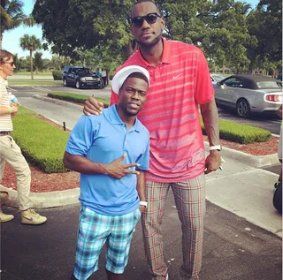 Kevin Hart @kevinhart4real - Kevin Hart can do hashtags for days. &quot;Me &amp;&nbsp;@kingjames&nbsp;on the set of his Samsung Commercial dressed in that Golf Swag.#itsHardToMakeGolfClothesLookCool #MySneaksWereToBig #LebronHadOnWoolPantsForNoReason #LebronsHadOnSkinnyWoolSlacks #HisPantsMadeEverybodyItch&quot;(Photo: Instagram via Kevin Hart)