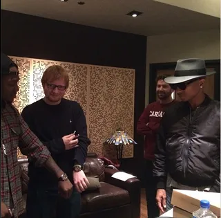 Pusha T @kingpush - Pusha T and Ed Sheeran wait for the always stylish&nbsp;Pharrell to give his nod of approval for their matching rose gold Rollies. Who knew Ed Sheeran was so well connected?(Photo: Instagram via Pusha-T)