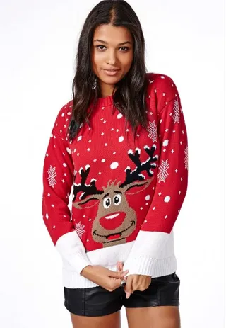 Red Nose Reindeer Knitted Christmas Jumper Red - Take a note from Rudolph and stand out from the crowd in this fun Christmas sweater. (Photo: missguidedus.com)