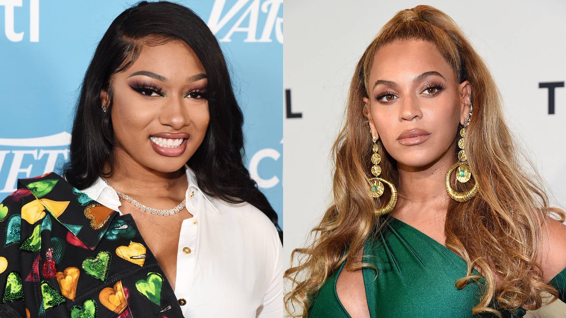 Megan Thee Stallion and Beyoncé on BET Buzz 2020.