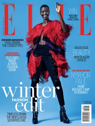 Nykhor Paul on Elle South Africa - The South Sudanese beauty is feelin’ the fringe benefits of her sassy jacket! The vivid shades of red and violet are everything.(Photo: Elle South Africa, May 2015)&nbsp;