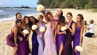 Rihanna - You know Ri-Ri had a ball at her assistant/bestie Jennifer Rosales's 4/20-themed wedding in Hawaii. She donned a lavender Badgley Mischka dress and coordinating violet lippie as a bridesmaid. By Jazmine A. Ortiz  (Photo: Rihanna via Instagram)