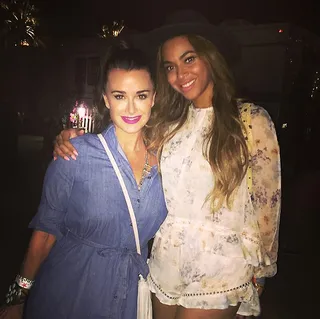 Kyle Richards and Beyoncé - The Real Housewives of Beverly Hills star snags a sweet moment with Bey during Weekend 2. We’re all about Mrs. Carter’s long-sleeved floral romper.  (Photo: Kyle Richards via Instagram)