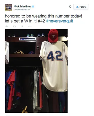 Nick Martinez @nickmartinez10 - Wearing the No. 42 is already special and winning in it makes it that much more memorable.(Photo: Nick Martinez via Twitter)