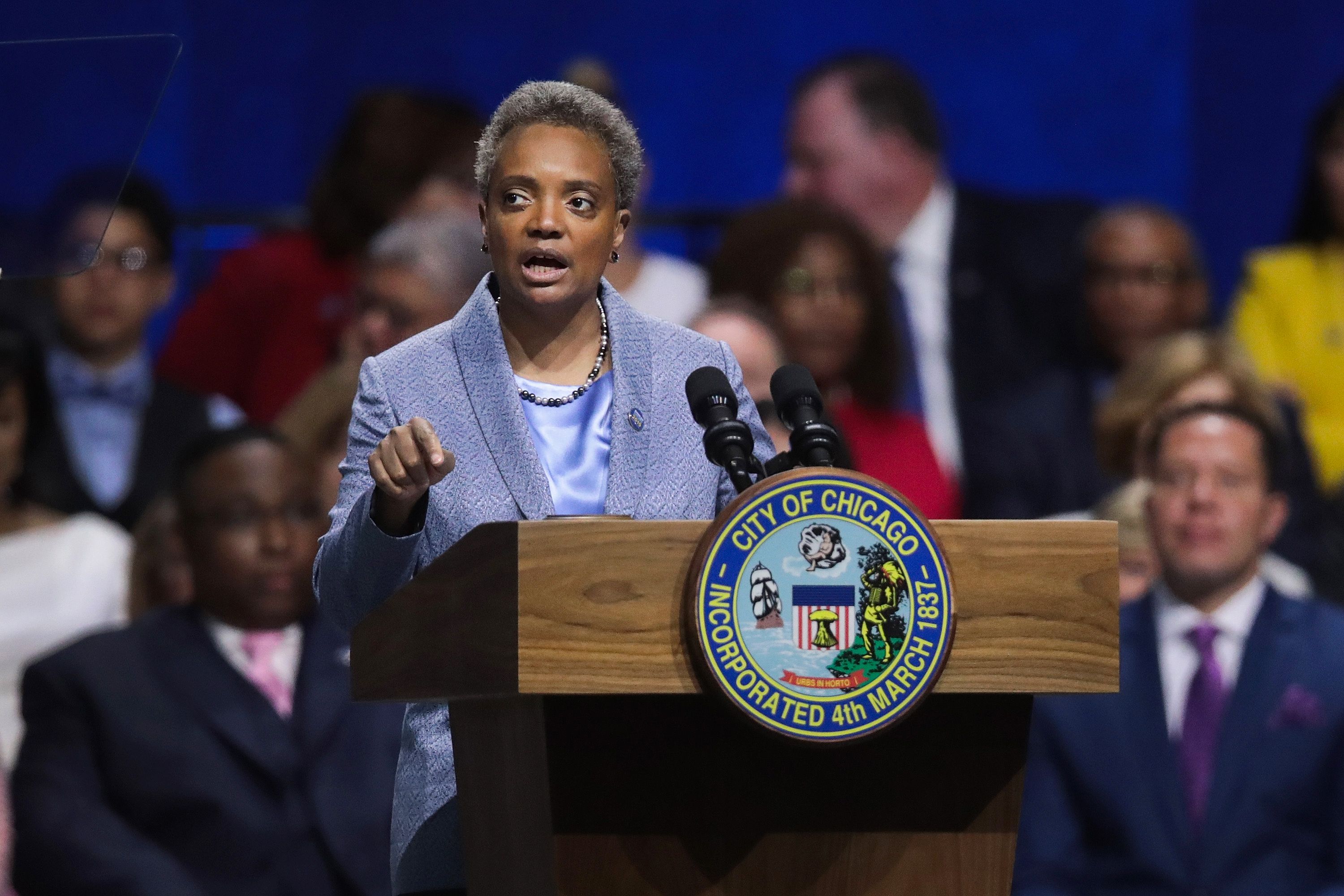 CHICAGO, ILLINOIS - MAY 20:  Lori Lightfoot addresses guests after being sworn in as Mayor of Chicago during a ceremony at the Wintrust Arena on May 20, 2019 in Chicago, Illinois. Lightfoot become the first black female and openly gay Mayor in the city’s history.  (Photo by Scott Olson/Getty Images)