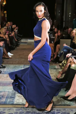 Serve! - Selita Ebanks werks the runway as she closes the Andrea Fascinetto Spring/Summer 2016 fashion show at Gansevoort Park Hotel in NYC.(Photo: BFA)