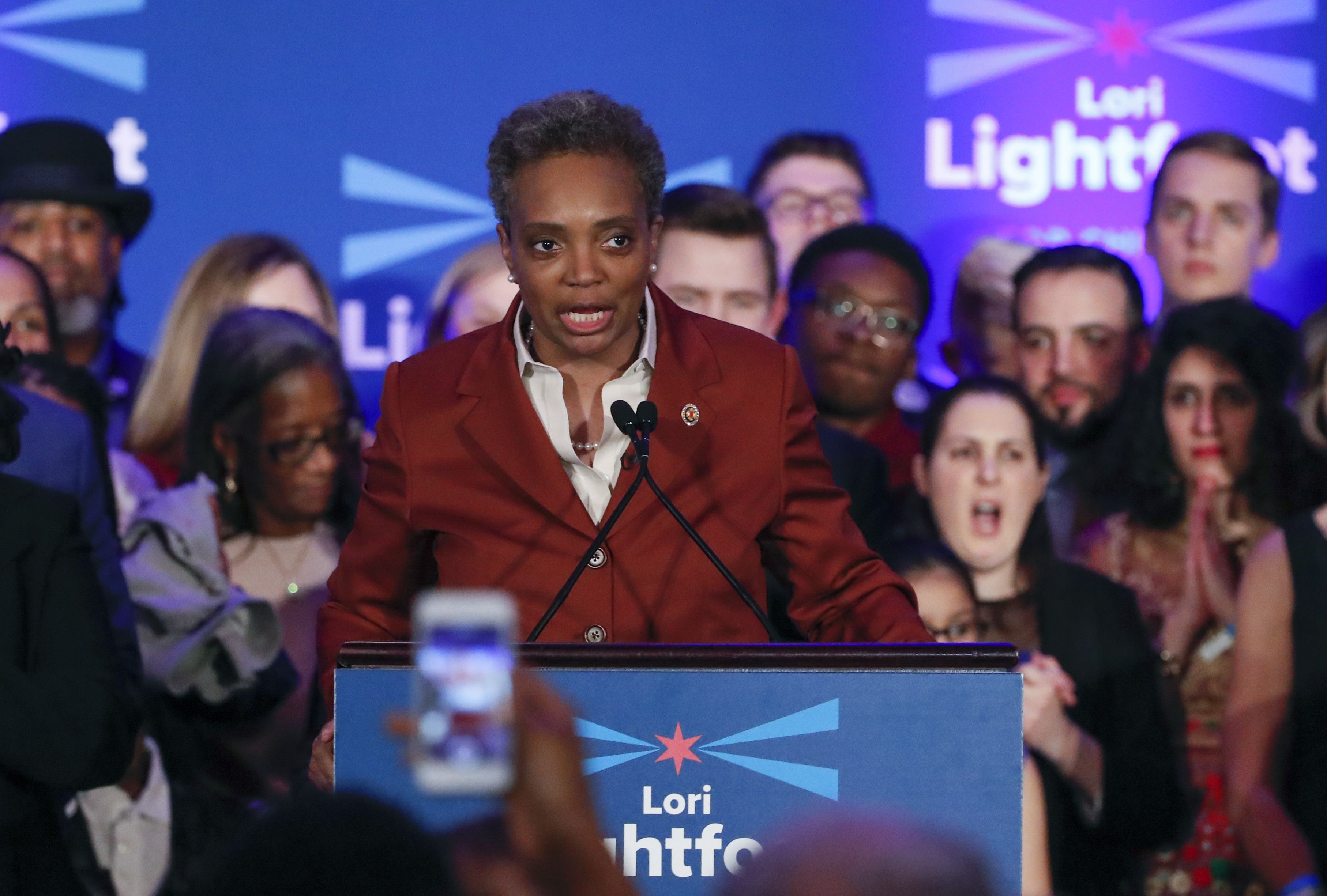 Chicago mayor elect Lori Lightfoot speaks during the election night party in Chicago, Illinois on April 2, 2019. - In a historic first, a gay African American woman was elected mayor of America's third largest city Tuesday, as Chicago voters entrusted a political novice with tackling difficult problems of economic inequality and gun violence. Lori Lightfoot, a 56-year-old former federal prosecutor and practicing lawyer who has never before held elected office, was elected the midwestern city's mayor in a lopsided victory. (Photo by Kamil Krzaczynski / AFP)        (Photo credit should read KAMIL KRZACZYNSKI/AFP via Getty Images)