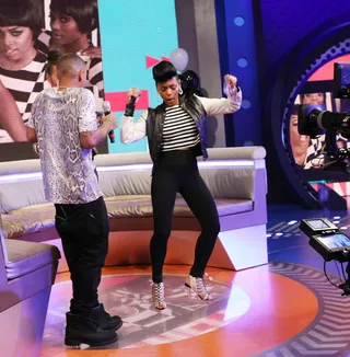 Wind Up - Janelle Monáe lets loose on 106 with Bow Wow and Angela Simmons. (Photo: Bennett Raglin/BET/Getty Images for BET)