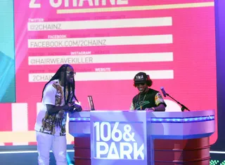 At the Booth - 2 Chainz jams at the booth with DJ E Sudd on 106. (Photo: Bennett Raglin/BET/Getty Images for BET)