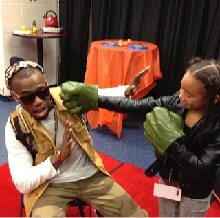 B.o.B. @bobatl - Grand Hustle star B.o.B. found out the hard way what happens when you give a child Incredible Hulk Smash Hands. #ManDown #U.N.E.O. (Photo: Instagram via B.o.B)