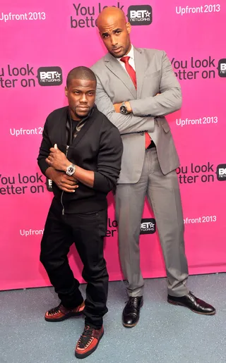 Comrades - Kevin Hart and Boris Kodjoe pose on the red carpet in a seemingly b-boyish stance. Little did people know they were still in character and were simply making nice for the attendees.  (Photo: Stephen Lovekin/Getty Images for BET)