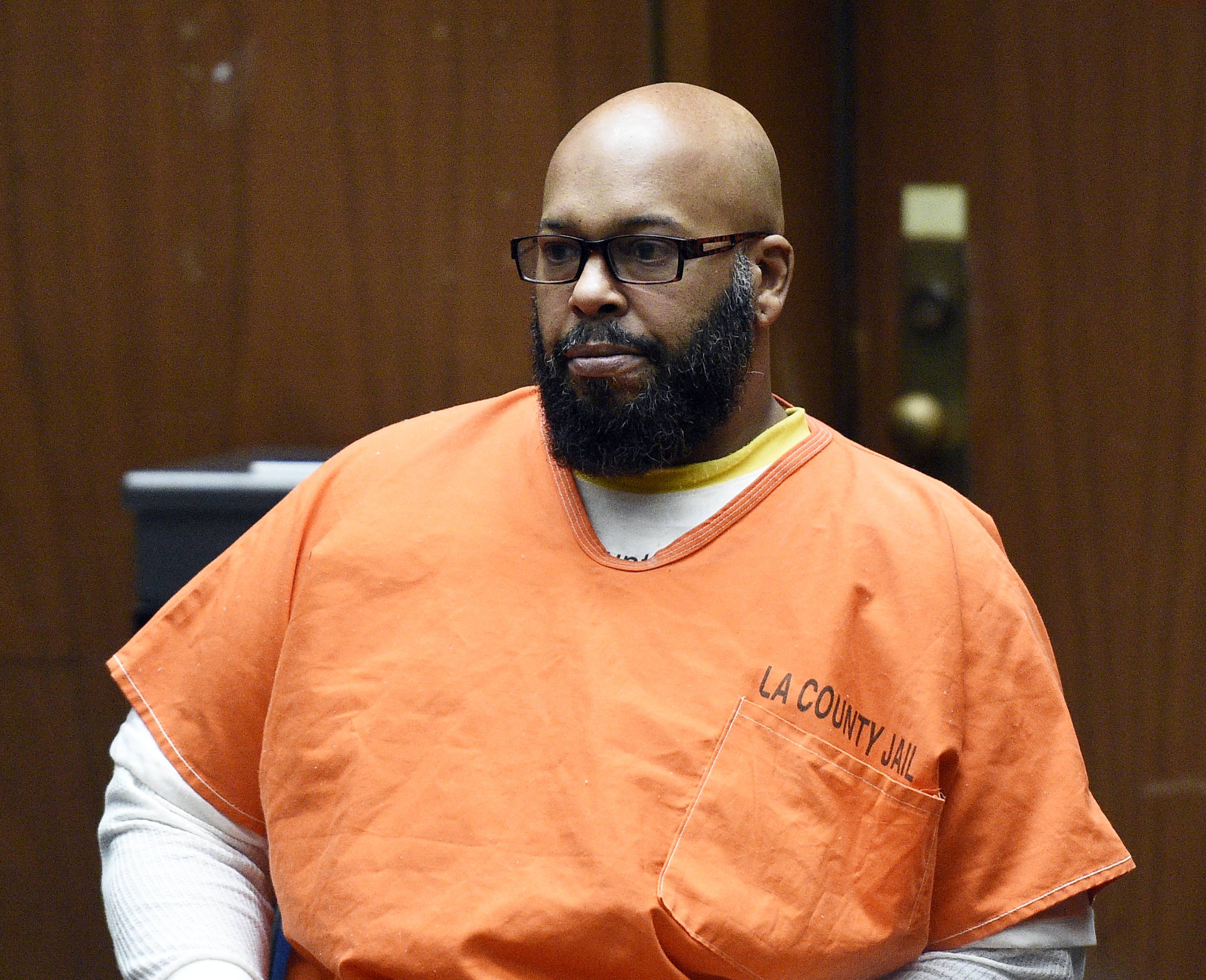 LOS ANGELES, CA - MARCH 09:  Marion "Suge" Knight appears for a hearing at the Clara Shortridge Foltz Criminal Justice Center March 9, 2015 in Los Angeles, California. The hearing was scheduled to determine if the two criminal cases against Knight, one for murder and attempted murder when Knight allegedly ran over two men in a Compton parking lot after an argument and another case involving an alleged robbery and criminal threats to a photographer in Beverly Hills, should be moved to the downtown Los Angeles courthouse.  (Photo by Kevork Djansezian/Getty Images)