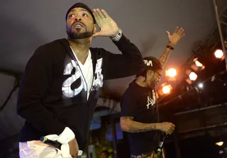 Blackout! - Mr. Mef and the Funk Doc treated fans at the Def Jam 30 showcase with a trip that took the crowd all the way back to their 1999 debut. That's some high-quality ginkgo biloba.(Photo: Tim Mosenfelder/Getty Images)